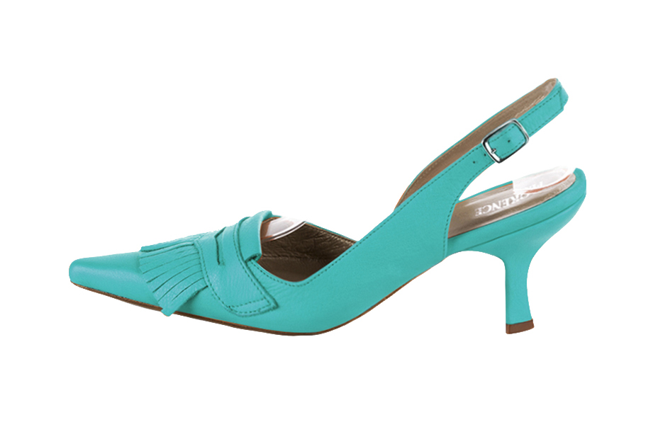 Aquamarine blue women's slingback shoes. Pointed toe. High spool heels. Profile view - Florence KOOIJMAN